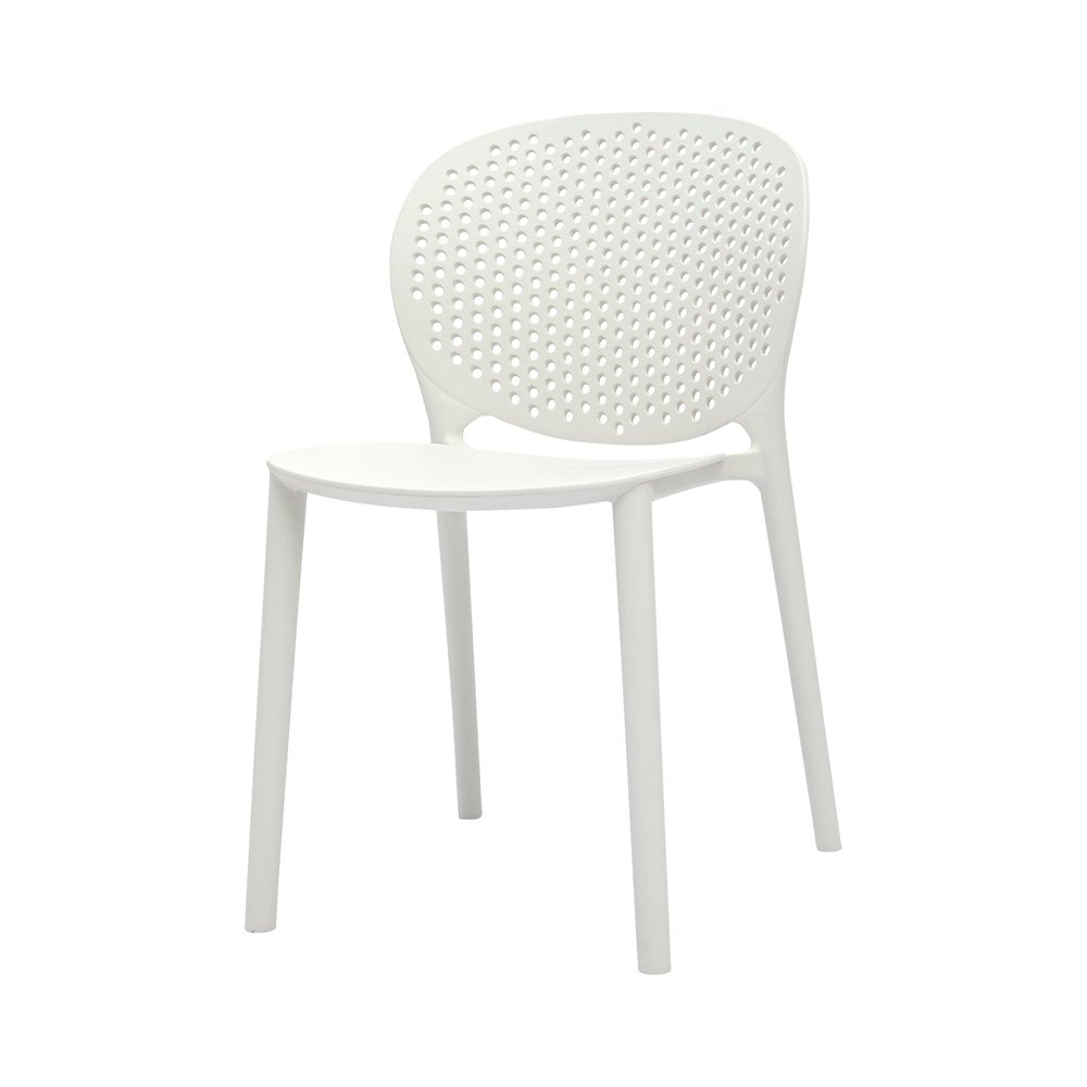 White plastic chair with a perforated back, isolated on a white background.