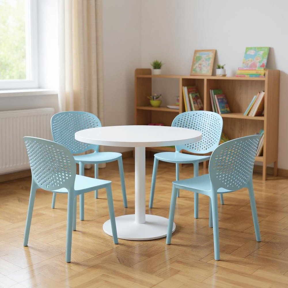 Set Of Four Aqua Blue Heavy Duty Plastic Juvenile Chairs in a home interior