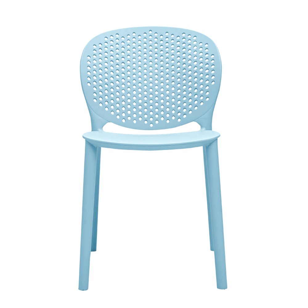 Light blue plastic chair with a perforated back and seat, shown against a white background.