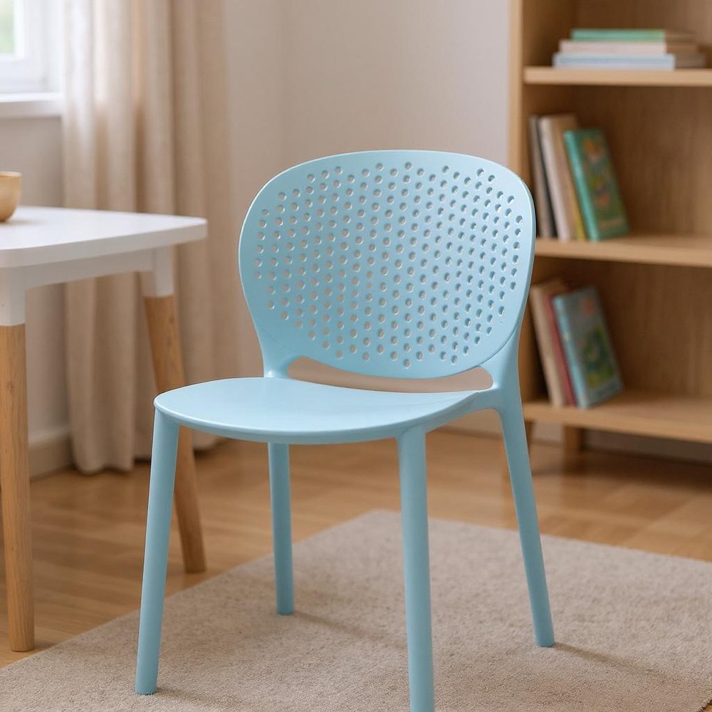 Set Of Four Aqua Blue Heavy Duty Plastic Juvenile Chairs in a home interior