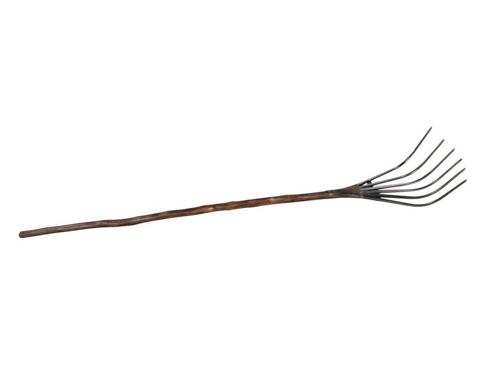 60" Brown And Black Wood And Metal Tabletop Sculpture. Sculpture isolated on a plain white background, showing a black metal surface.