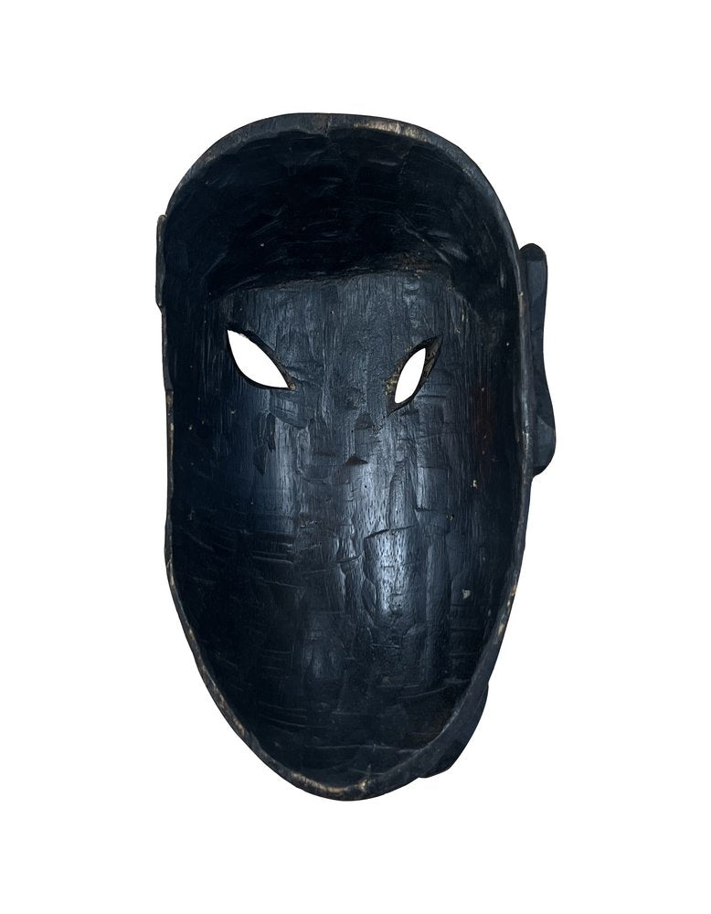 10" Black Solid Wood Decorative Mask Tabletop Sculpture. Sculpture isolated on a plain white background, in a black wood finish.