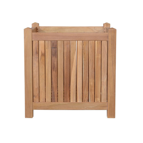 Natural solid wood square planter box with vertical slats and a white background.