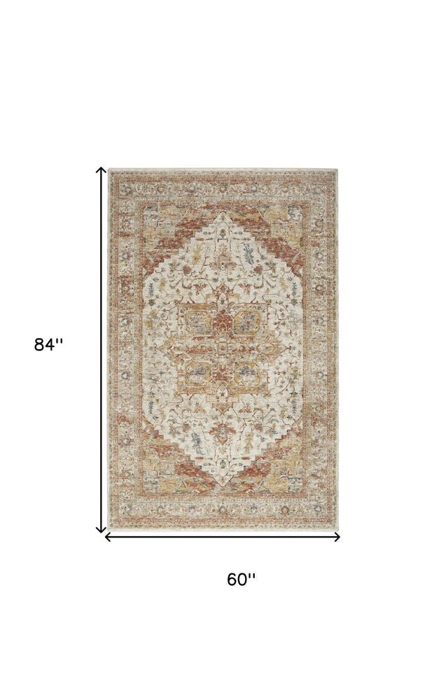 9' X 13' Rust And Ivory Floral Distressed Area Rug