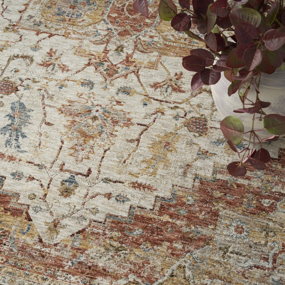 9' X 13' Rust And Ivory Floral Distressed Area Rug