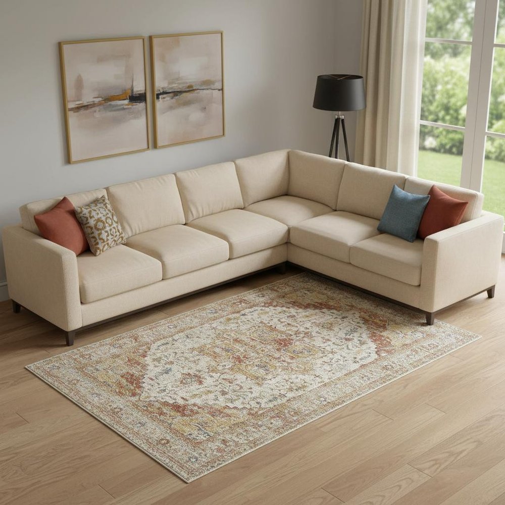 9' X 13' Rust And Ivory Floral Distressed Area Rug