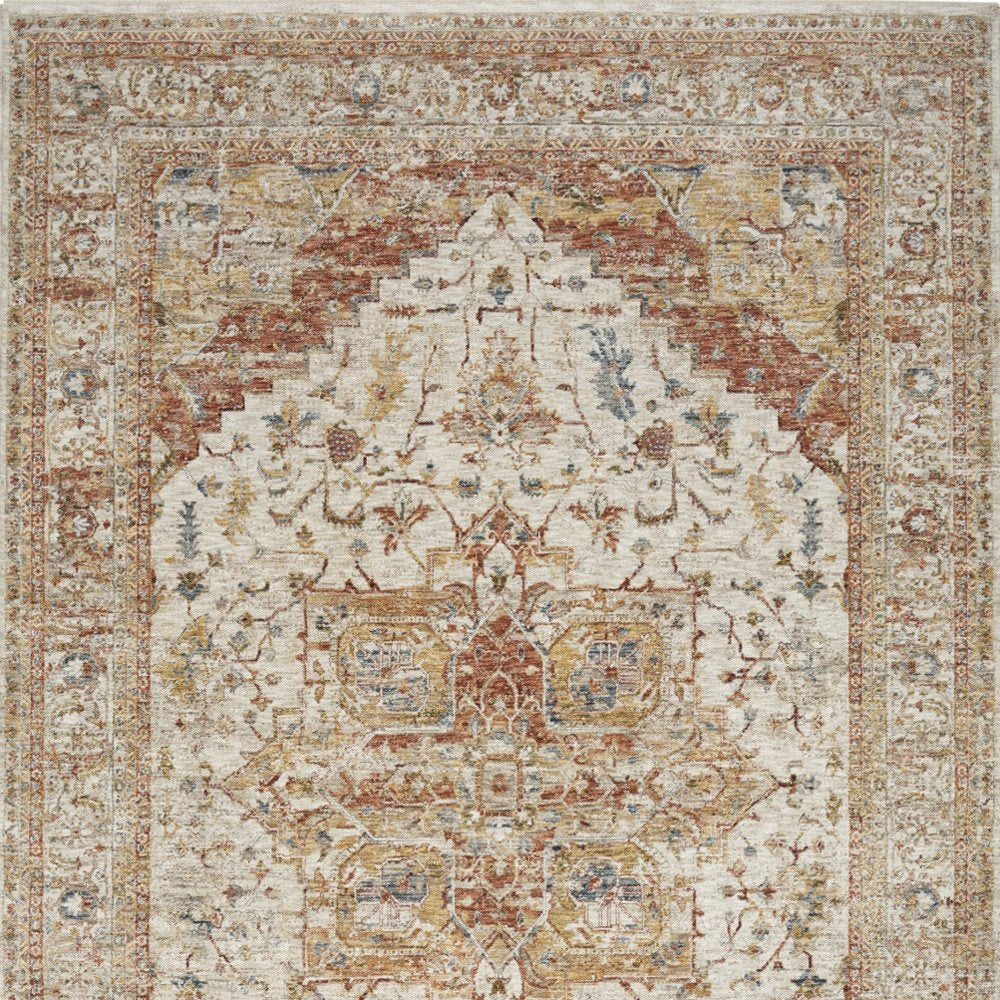 9' X 13' Rust And Ivory Floral Distressed Area Rug
