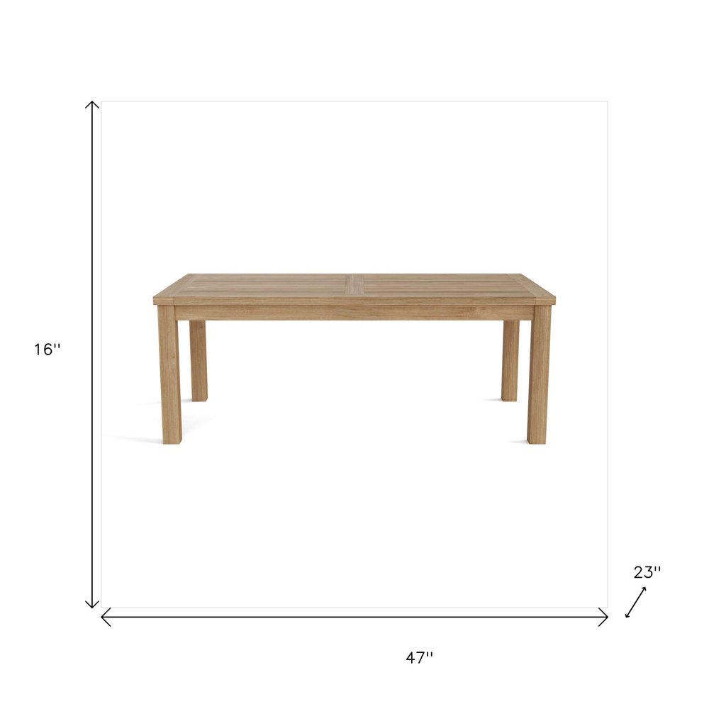 47" Natural Solid Wood Outdoor Coffee Table - 16" H x 47" W x 23" D. Outdoor table isolated on a plain white background, in a tan wood finish.