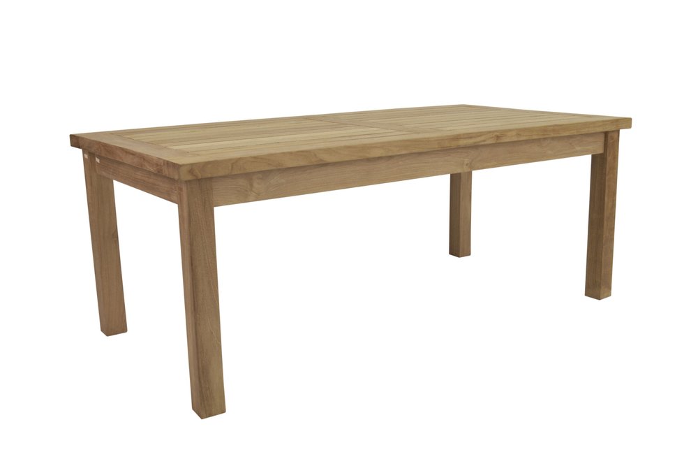 Rectangular natural solid wood outdoor coffee table with slatted top on a white background.