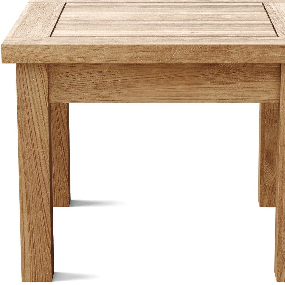 20" Natural Square Solid Wood Outdoor Side Table. Outdoor table isolated on a plain white background, finished in tan wood.