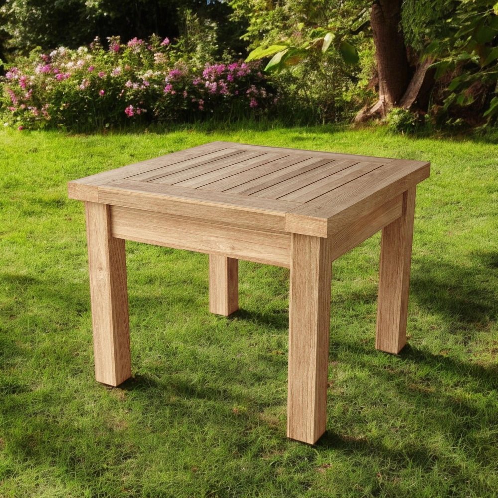20" Natural Square Solid Wood Outdoor Side Table. Outdoor table in tan wood.