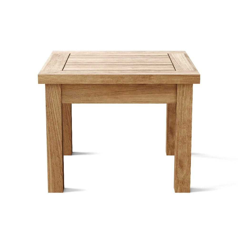 20" Natural Square Solid Wood Outdoor Side Table. Outdoor table isolated on a plain white background, in a tan wood finish.