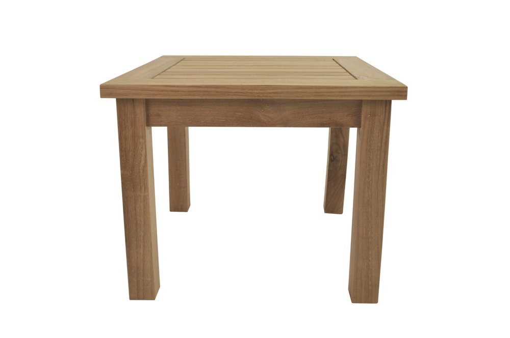 Natural solid wood square outdoor side table with slatted top and four legs on a white background.