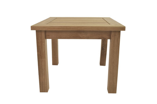 Natural solid wood square outdoor side table with slatted top and four legs on a white background.