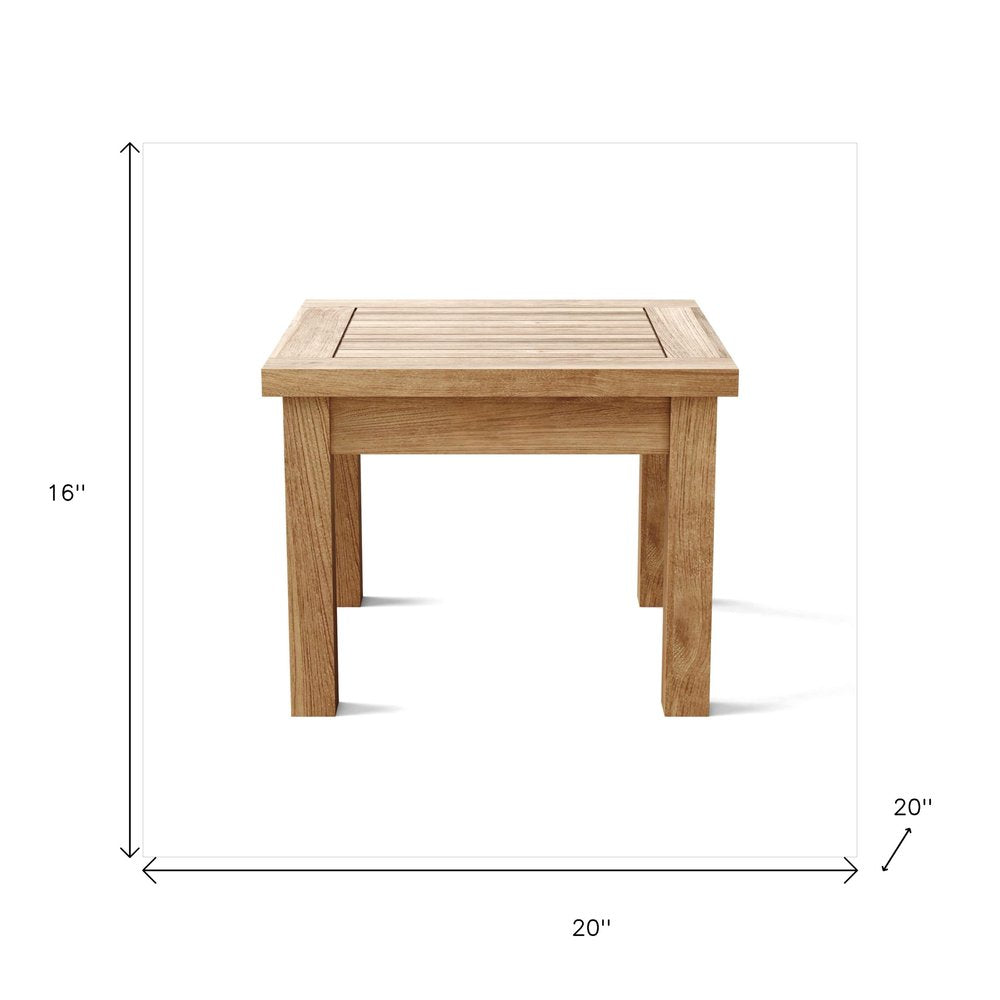 20" Natural Square Solid Wood Outdoor Side Table. Outdoor table isolated on a plain white background, finished in tan wood.