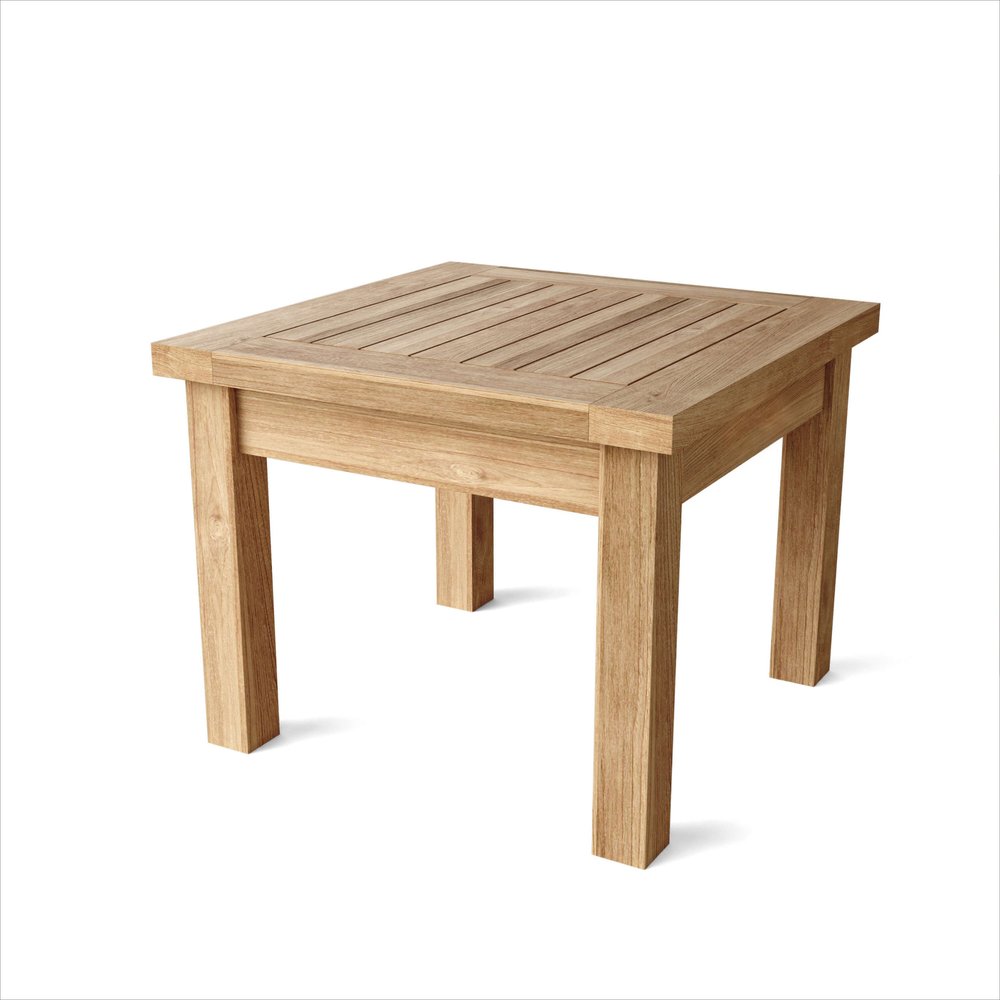 20" Natural Square Solid Wood Outdoor Side Table. Outdoor table isolated on a plain white background, finished in tan wood.