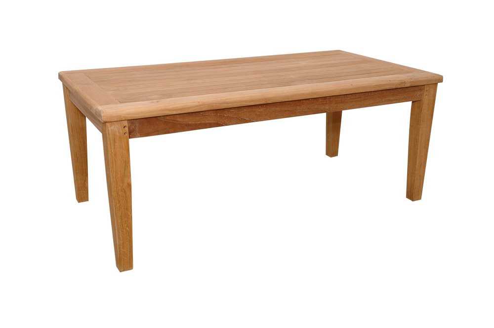 Natural solid wood outdoor coffee table with slatted top and tapered legs on a white background.