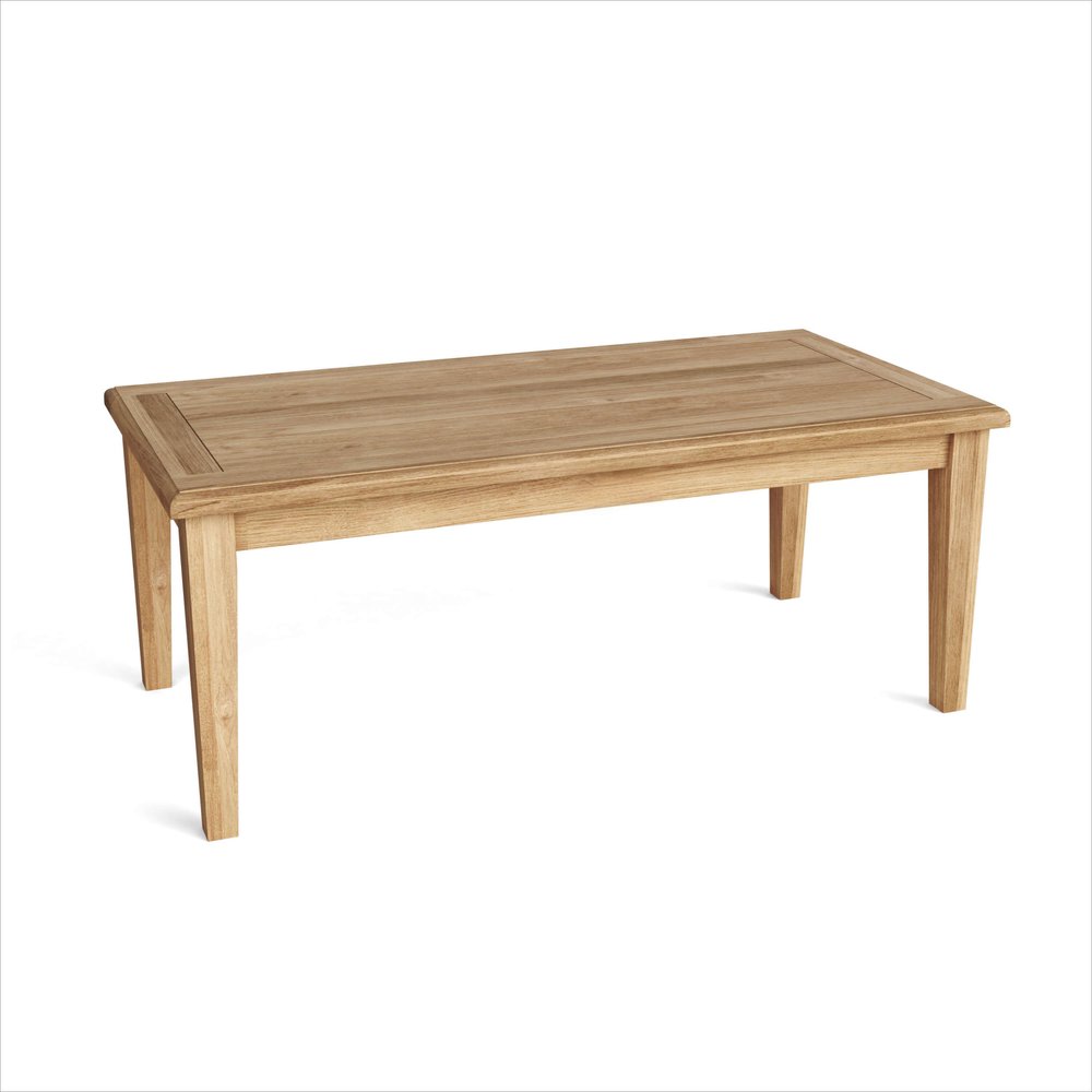 47" Natural Solid Wood Outdoor Coffee Table - 19" H x 47" W x 23" D. Outdoor table isolated on a plain white background, finished in tan wood.