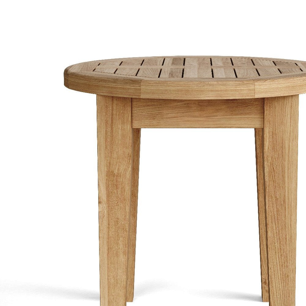 20" Natural Rounded Solid Wood Outdoor Side Table. Outdoor table isolated on a plain white background, finished in tan wood.