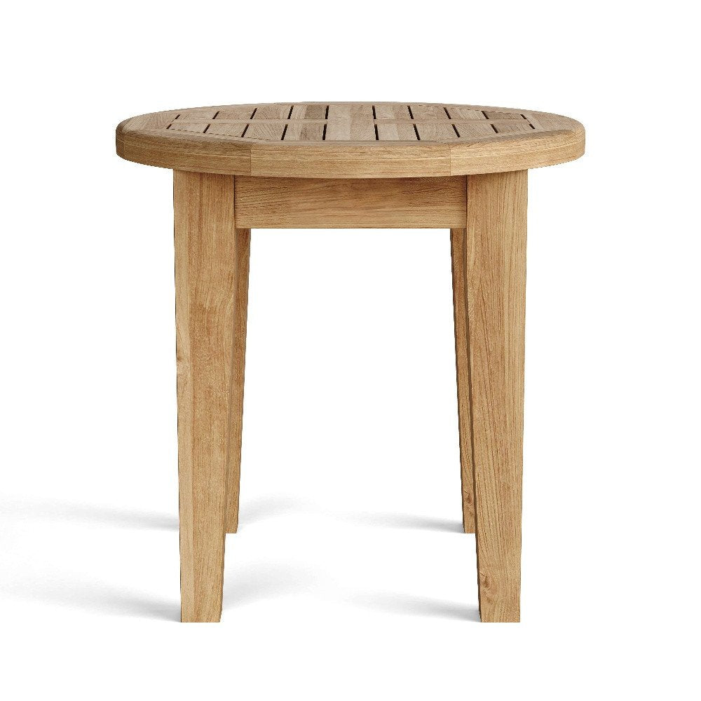 20" Natural Rounded Solid Wood Outdoor Side Table. Outdoor table isolated on a plain white background, in a tan wood finish.