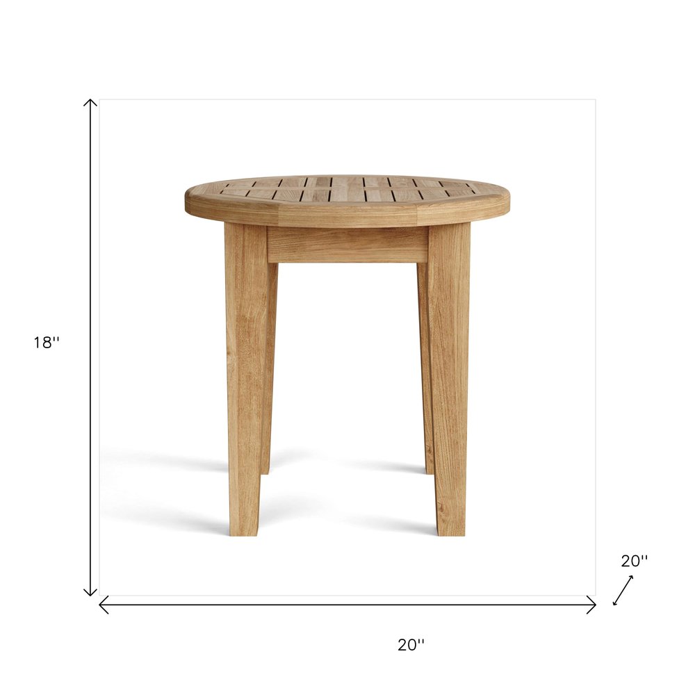 20" Natural Rounded Solid Wood Outdoor Side Table. Outdoor table isolated on a plain white background, finished in tan wood.
