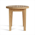 A round, natural solid wood outdoor side table with a slatted top on a white background.