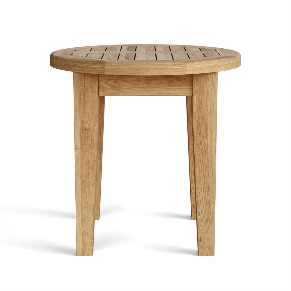 A round, natural solid wood outdoor side table with a slatted top on a white background.
