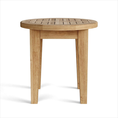 A round, natural solid wood outdoor side table with a slatted top on a white background.
