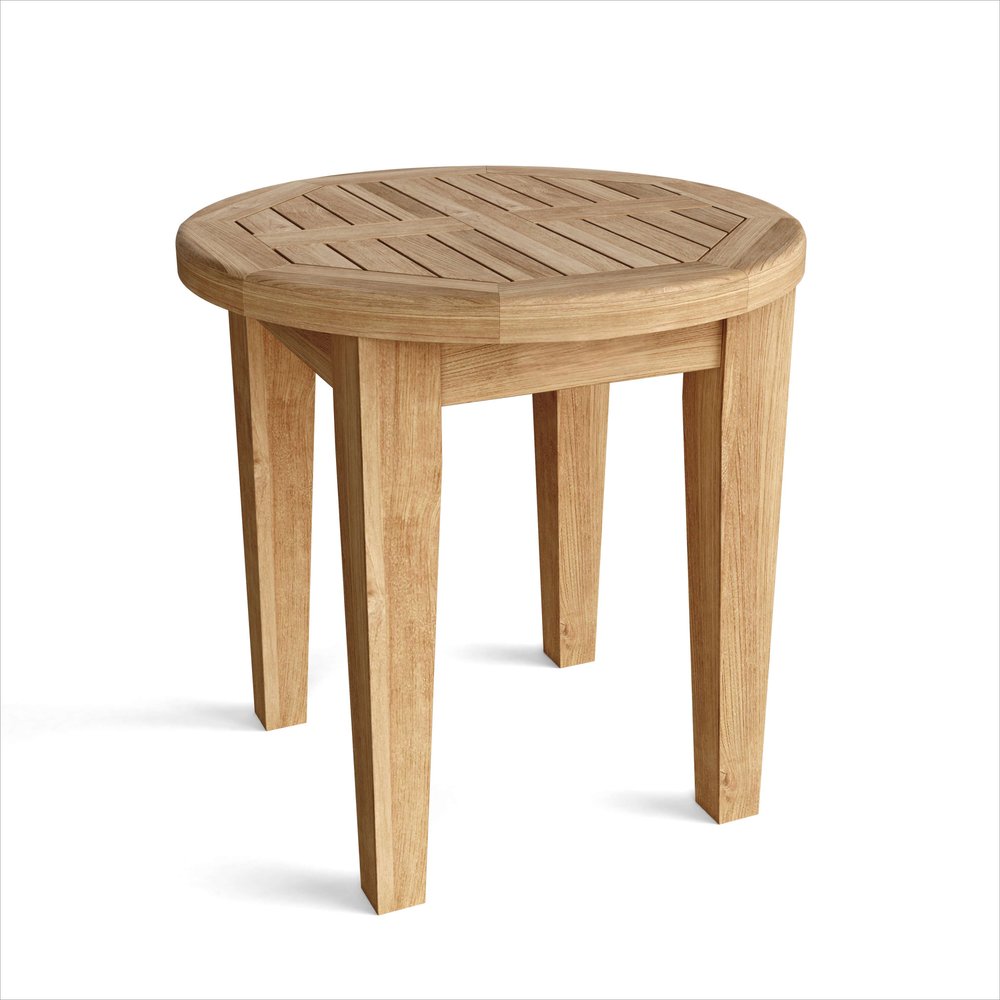 20" Natural Rounded Solid Wood Outdoor Side Table. Outdoor table isolated on a plain white background, in a tan wood finish.