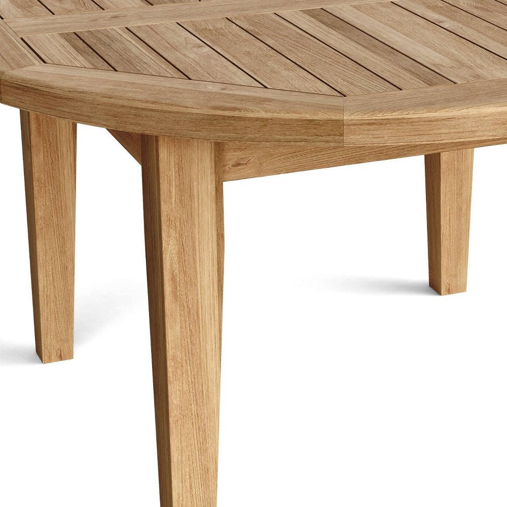 35" Natural Rounded Solid Wood Outdoor Coffee Table. Outdoor table isolated on a plain white background, showing a tan wood surface.