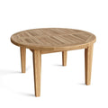 35" Natural Rounded Solid Wood Outdoor Coffee Table. Outdoor table isolated on a plain white background, in a tan wood finish.