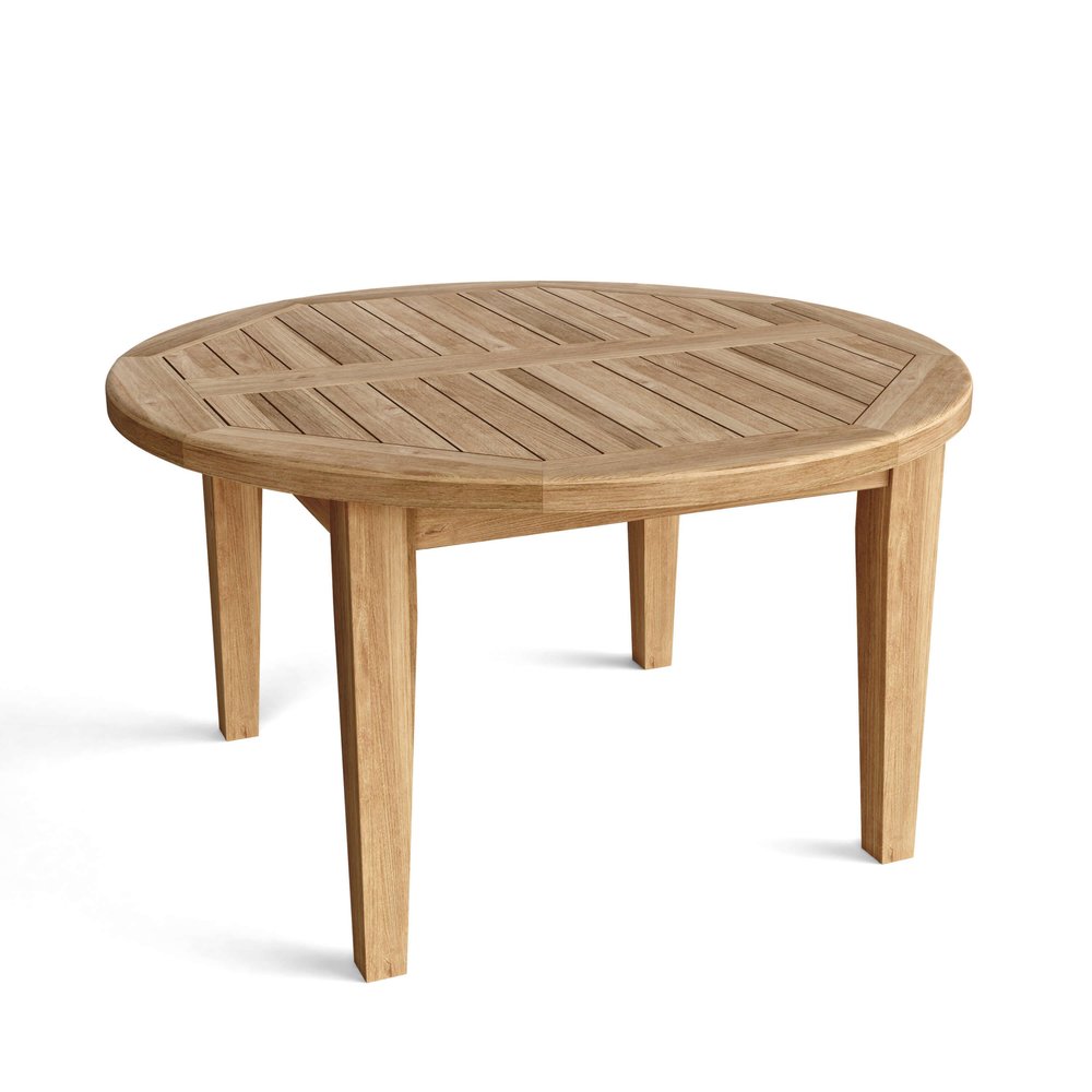 Round natural solid wood outdoor coffee table with slatted top and four legs on a white background.