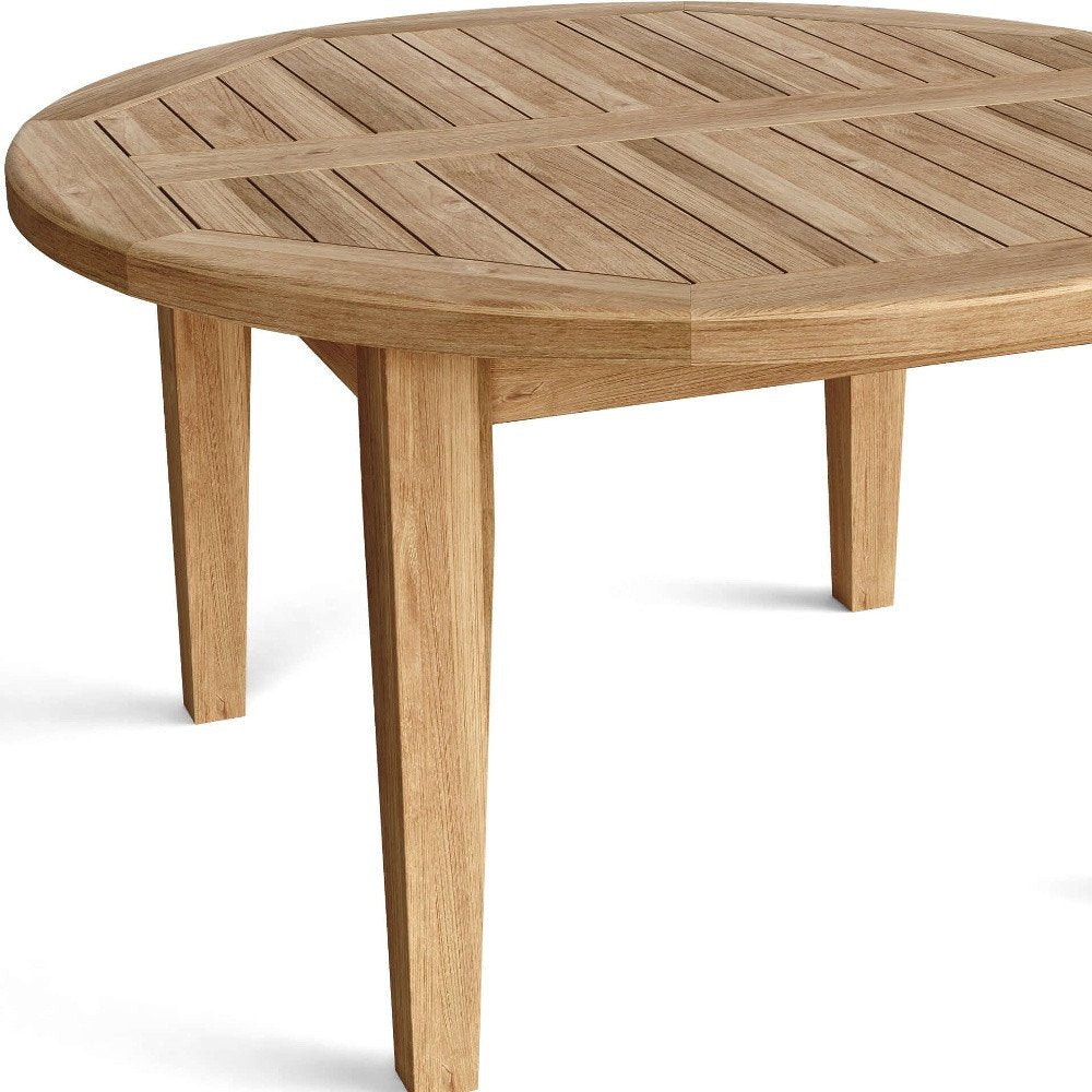 35" Natural Rounded Solid Wood Outdoor Coffee Table. Outdoor table isolated on a plain white background, showing a tan wood surface.
