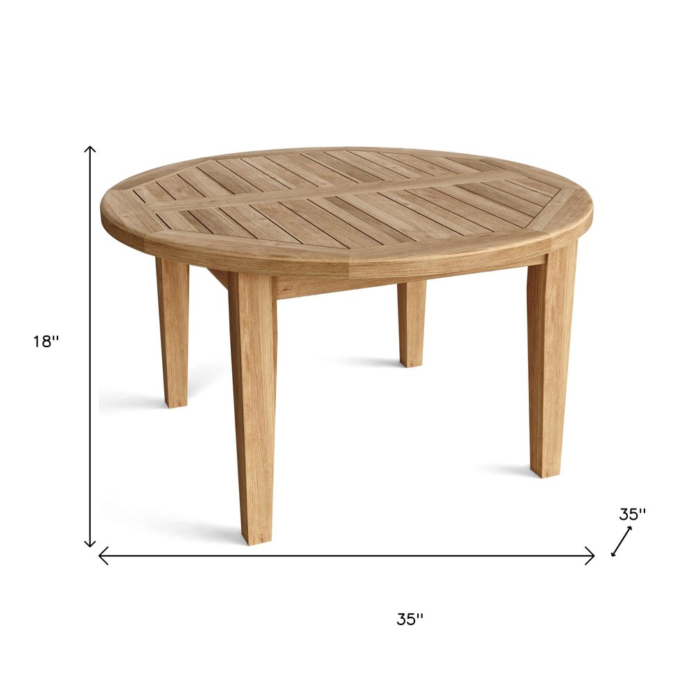 35" Natural Rounded Solid Wood Outdoor Coffee Table. Outdoor table isolated on a plain white background, showing a tan wood surface.