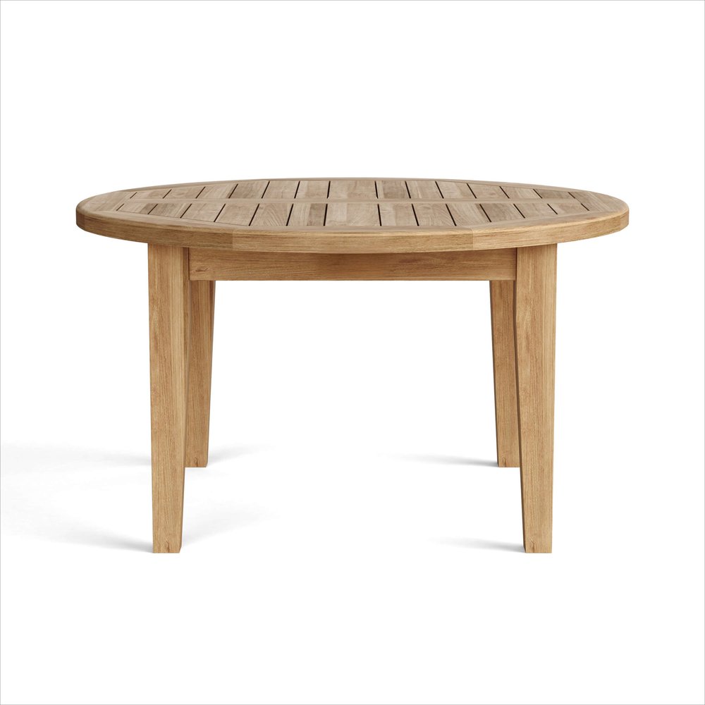 35" Natural Rounded Solid Wood Outdoor Coffee Table. Outdoor table isolated on a plain white background, in a tan wood finish.