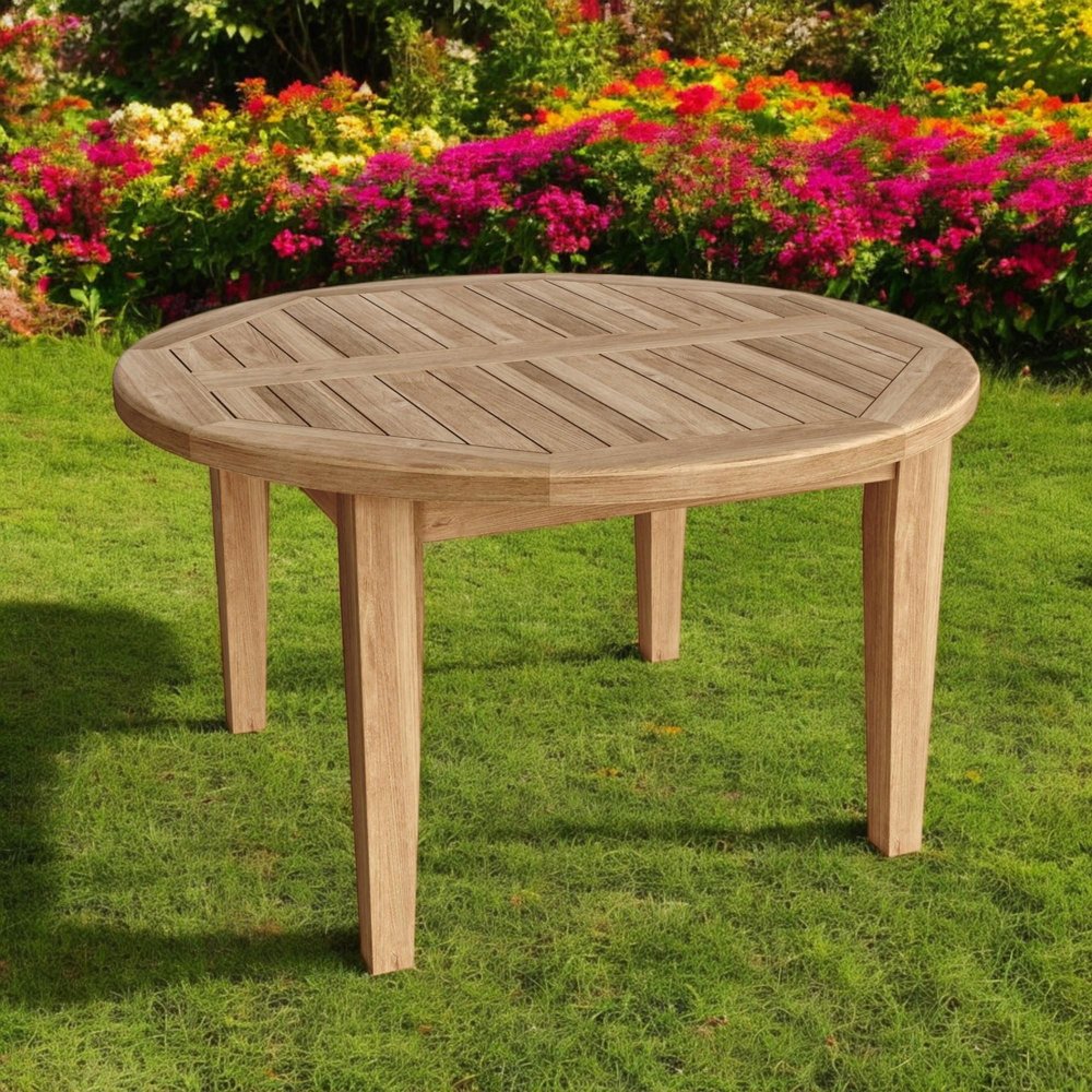 35" Natural Rounded Solid Wood Outdoor Coffee Table. Outdoor table in tan wood.