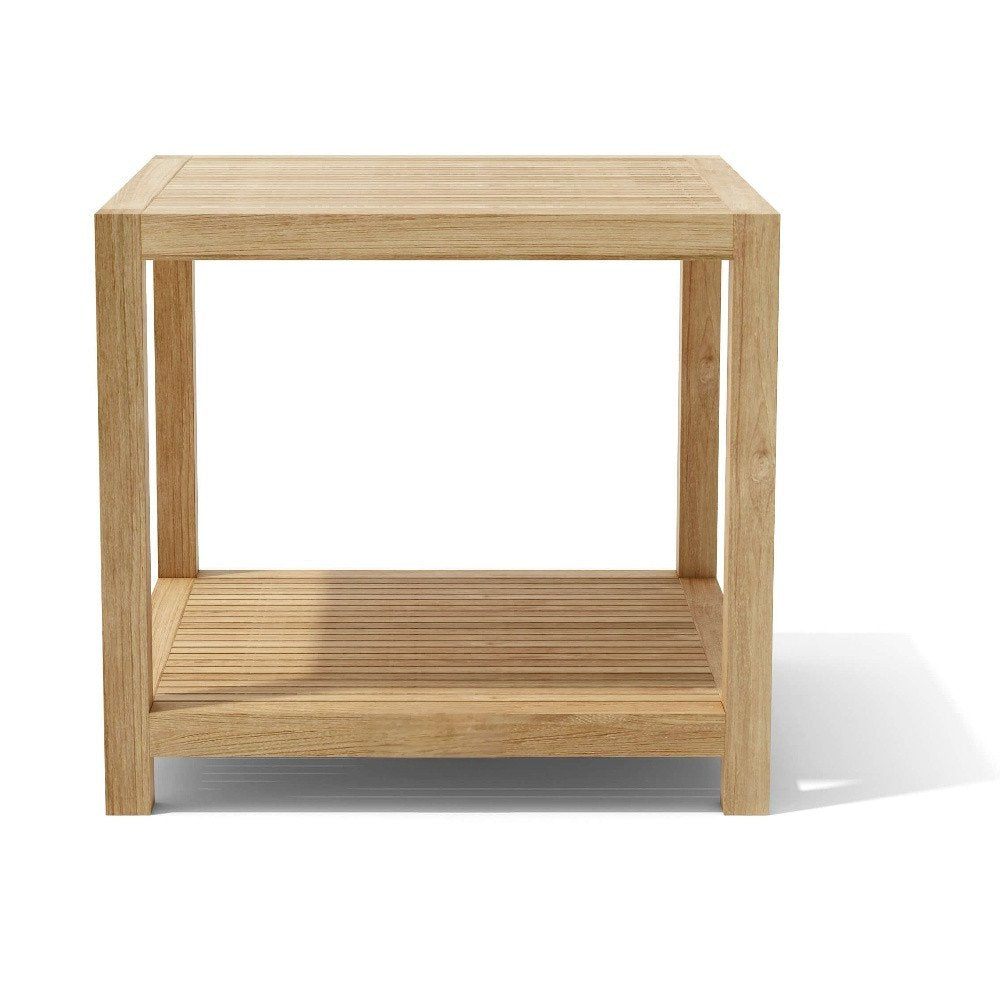 22" Natural Square Solid Wood Outdoor Side Table. Outdoor table isolated on a plain white background, in a tan wood finish.