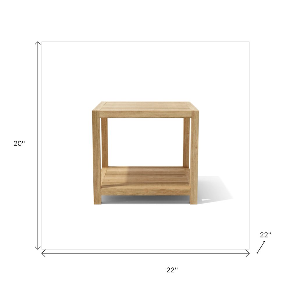 22" Natural Square Solid Wood Outdoor Side Table. Outdoor table isolated on a plain white background, showing a tan wood surface.