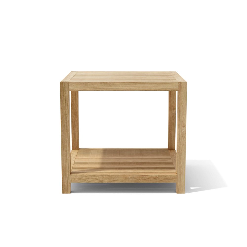 22" Natural Square Solid Wood Outdoor Side Table. Outdoor table isolated on a plain white background, finished in tan wood.