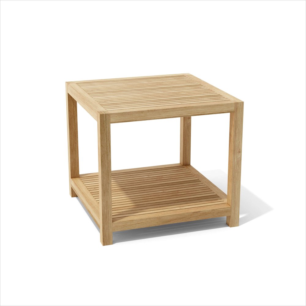 22" Natural Square Solid Wood Outdoor Side Table. Outdoor table isolated on a plain white background, showing a tan wood surface.
