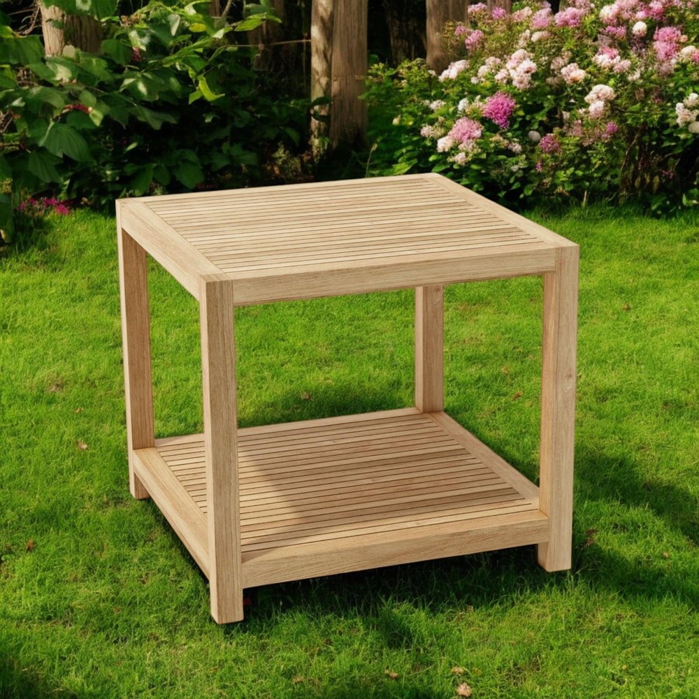22" Natural Square Solid Wood Outdoor Side Table. Outdoor table in tan wood.