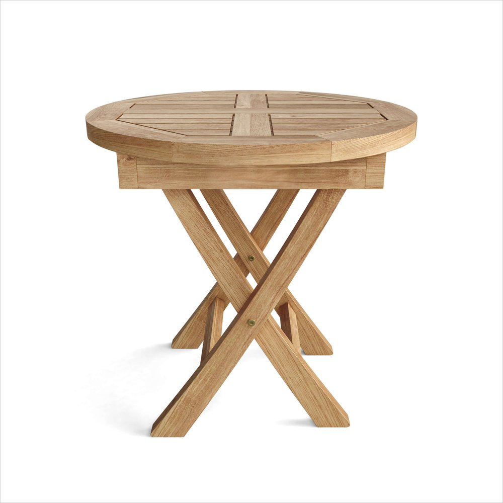 20" Natural Rounded Solid Wood Folding Outdoor Side Table - SKU 554935. Outdoor table isolated on a plain white background, finished in tan wood.