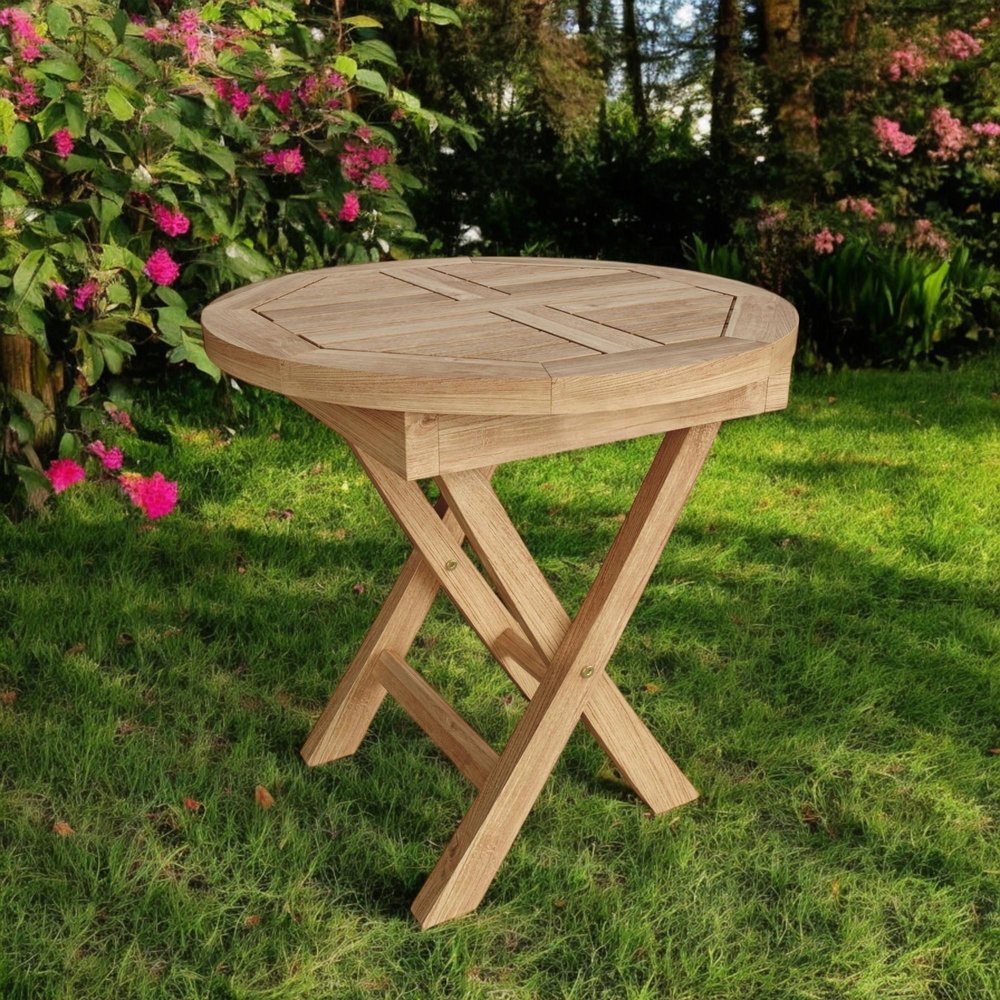 20" Natural Rounded Solid Wood Folding Outdoor Side Table - SKU 554935. Outdoor table in tan wood.