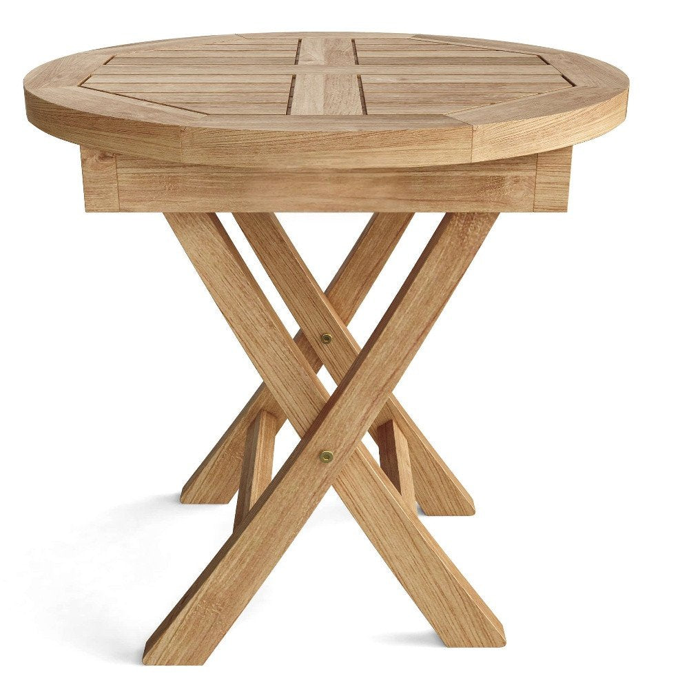 20" Natural Rounded Solid Wood Folding Outdoor Side Table - SKU 554935. Outdoor table isolated on a plain white background, finished in tan wood.