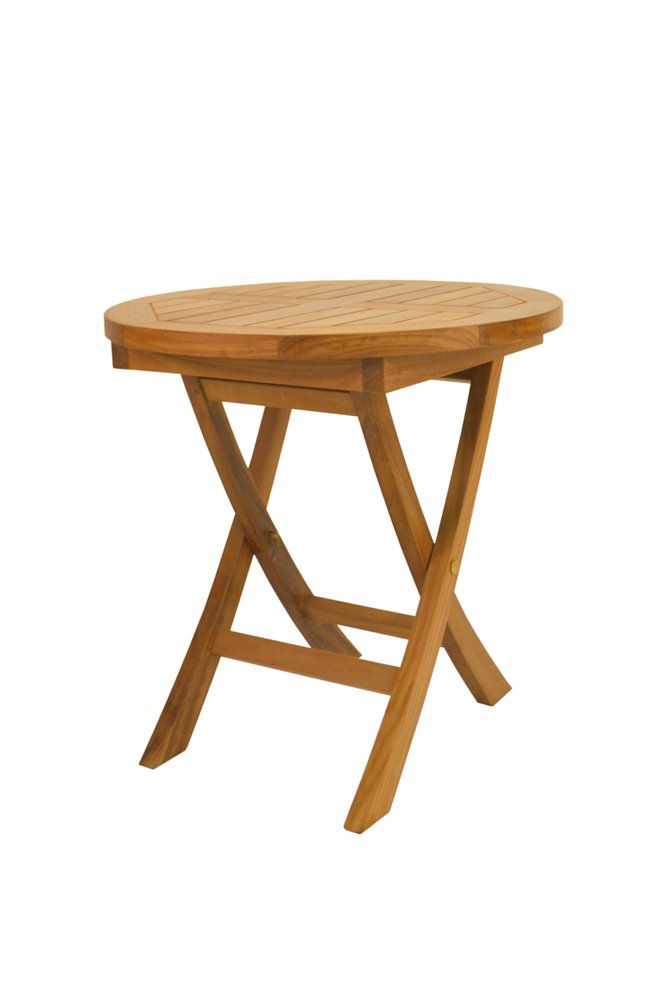 A natural wood folding outdoor side table with a rounded top and X-shaped legs on a white background.