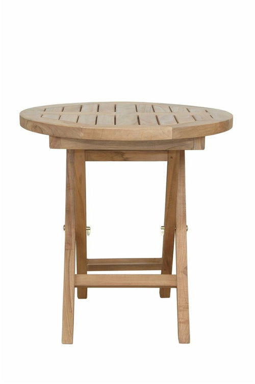 Natural solid wood folding outdoor side table with a slatted round top and a white background.