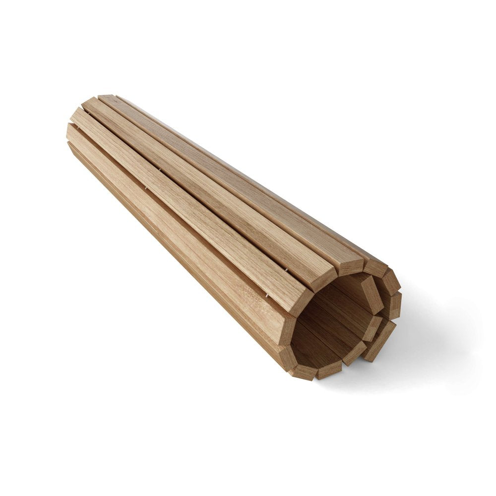 Rolled natural teak wood shower mat on a white background.
