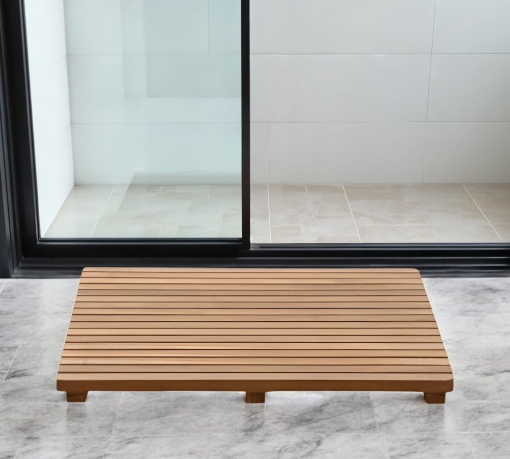 Natural Teak 24" Square Shower Mat in a home interior
