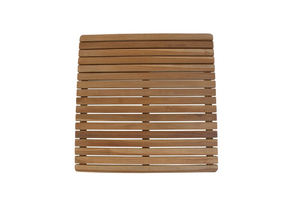 Natural teak wood slatted shower mat on a white background.
