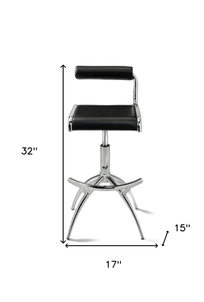 Set of Two Black And Silver Faux Leather And Metal Low Back Adjustable Height Bar Chairs on a white background